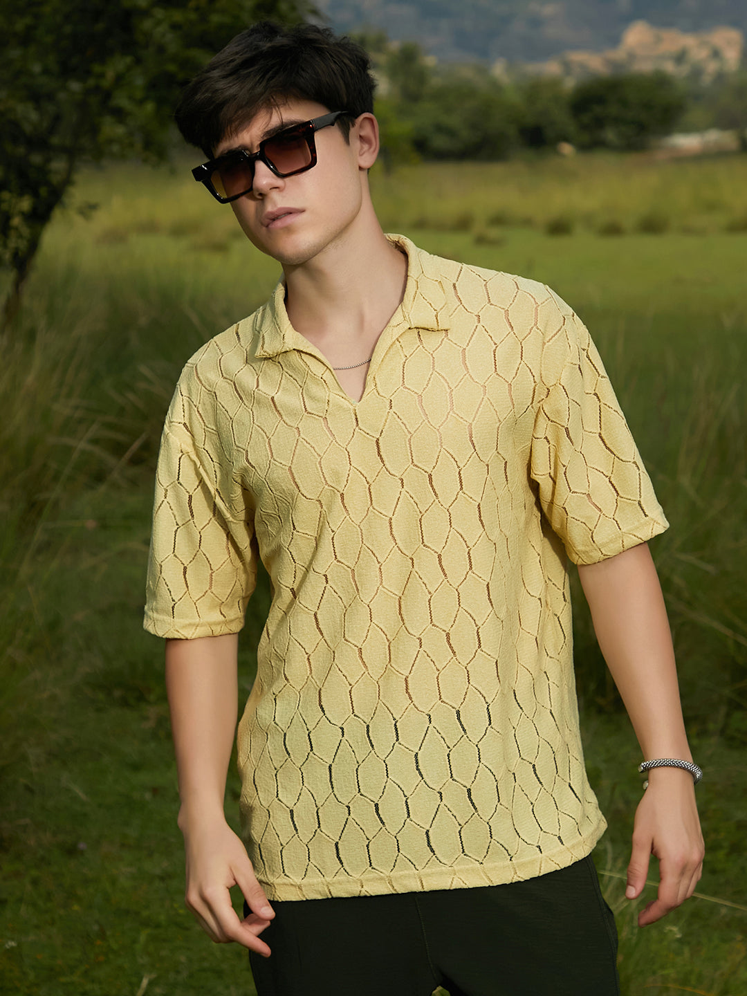 Honeycomb-Knit Polo T-Shirt