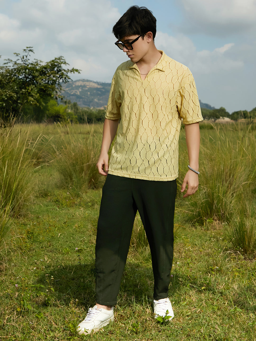 Honeycomb-Knit Polo T-Shirt