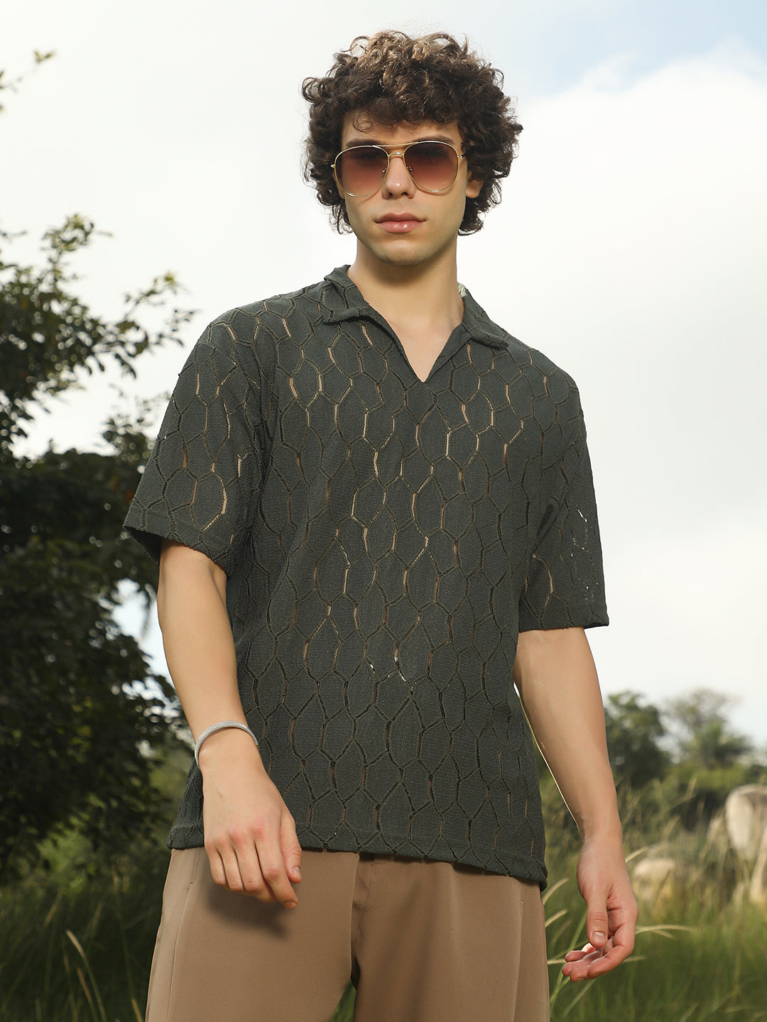 Honeycomb-Knit Polo T-Shirt