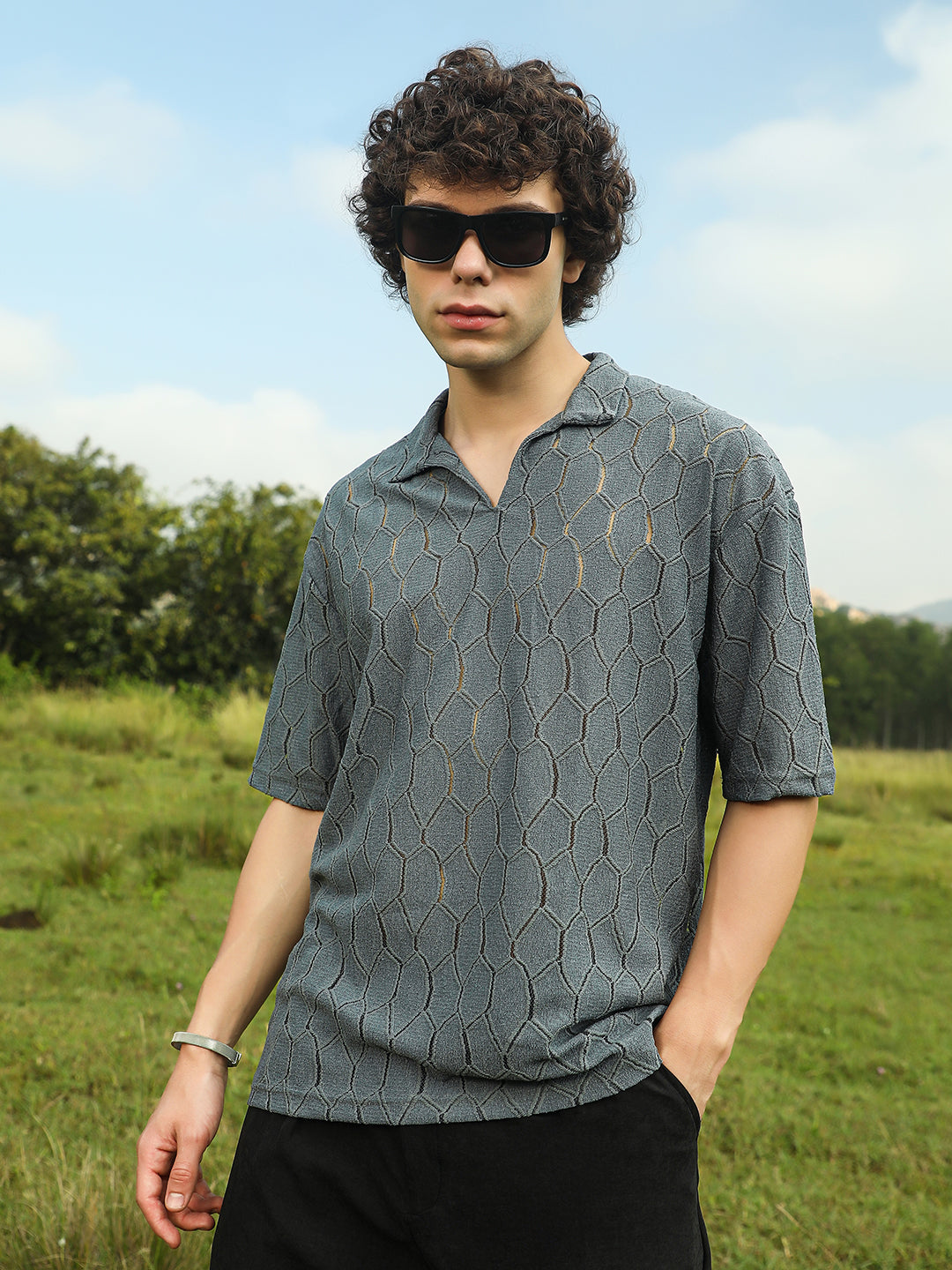 Honeycomb-Knit Polo T-Shirt