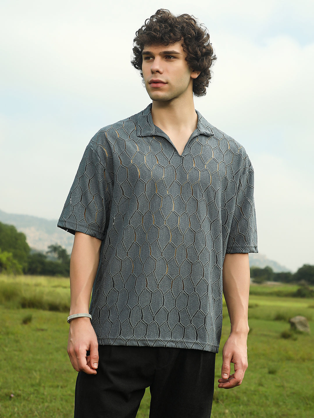 Honeycomb-Knit Polo T-Shirt