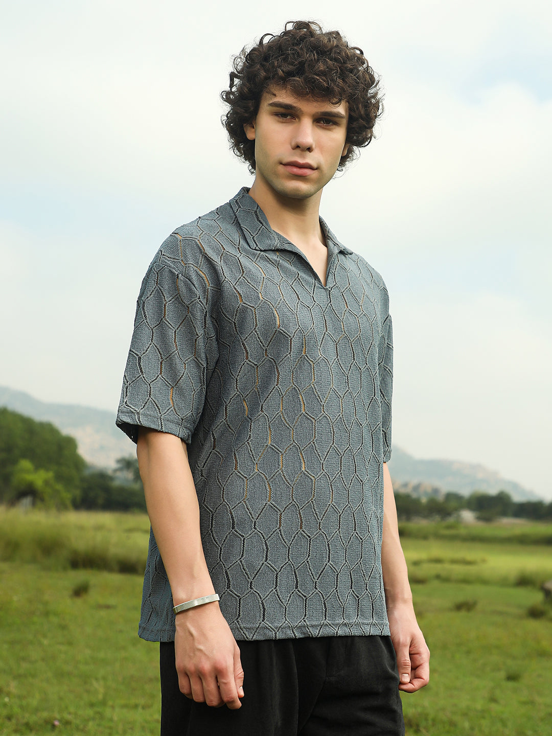 Honeycomb-Knit Polo T-Shirt