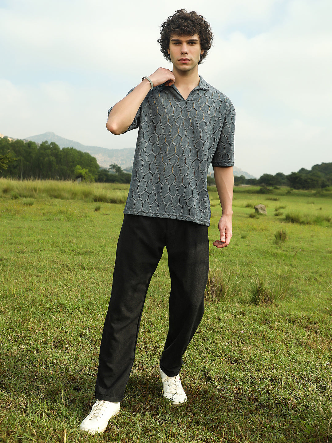 Honeycomb-Knit Polo T-Shirt