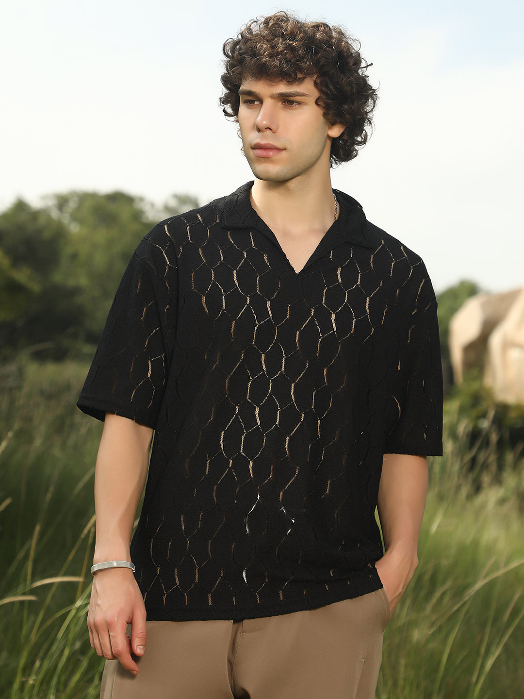 Honeycomb-Knit Polo T-Shirt