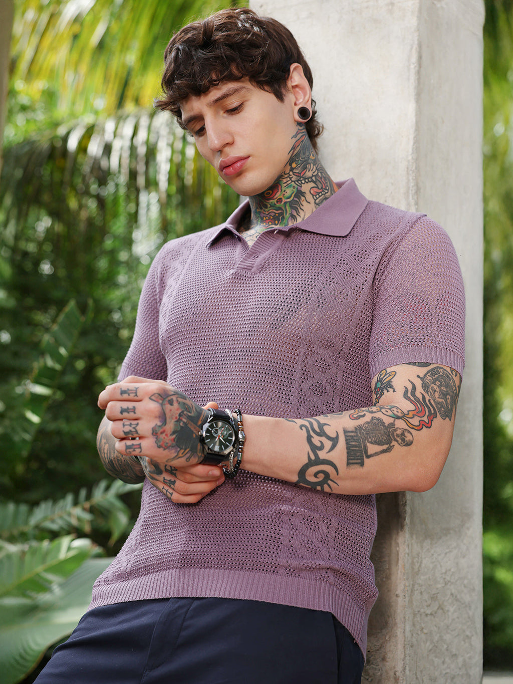 Spiral-Panel Open-Knit Polo T-Shirt