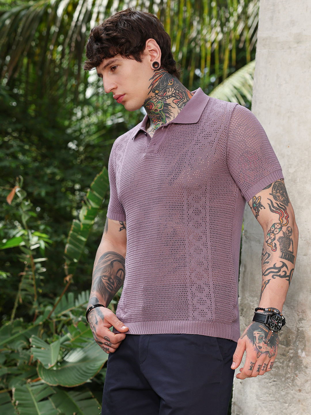 ₹899 | Men's Mauve Purple Spiral-Panel Open-Knit Polo T-Shirt