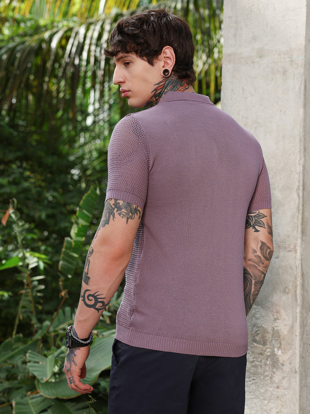 Spiral-Panel Open-Knit Polo T-Shirt