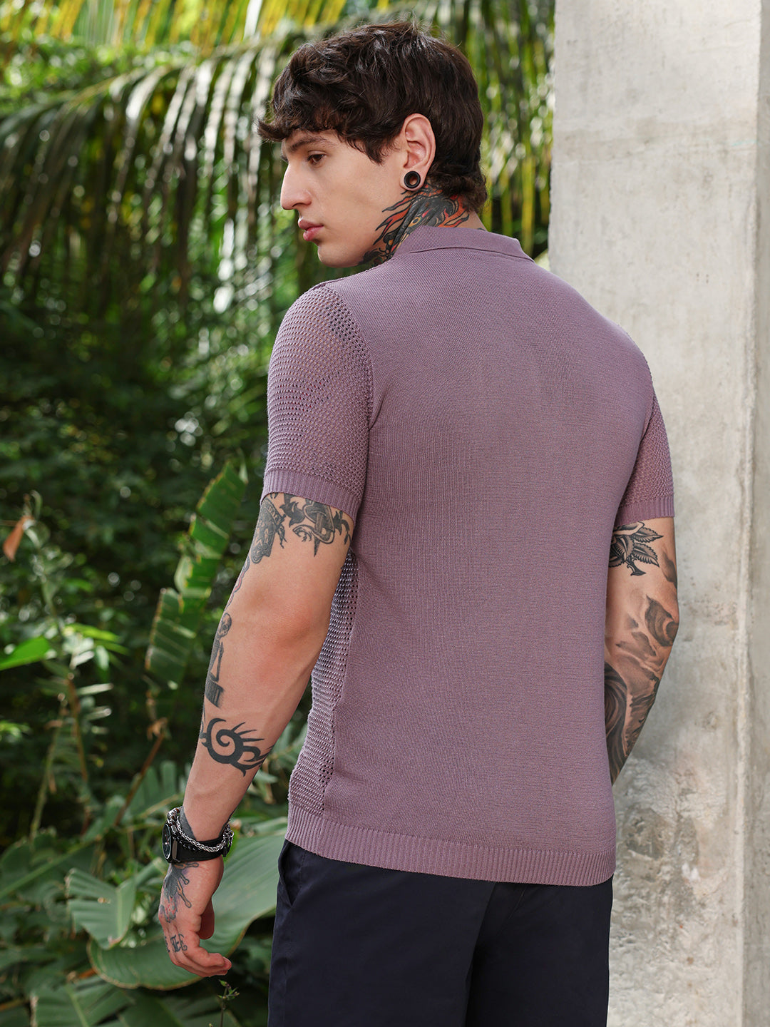 Spiral-Panel Open-Knit Polo T-Shirt