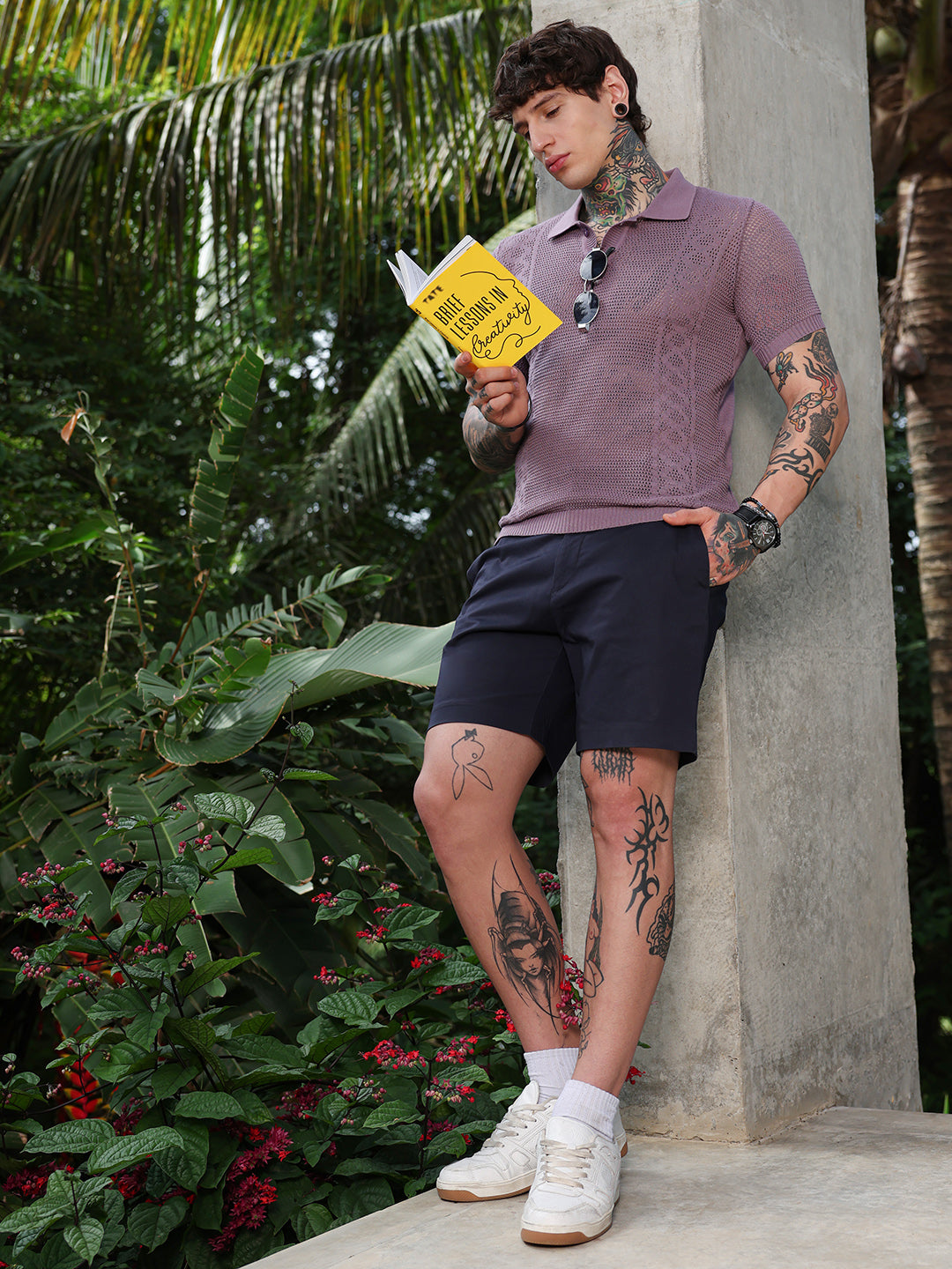 Spiral-Panel Open-Knit Polo T-Shirt