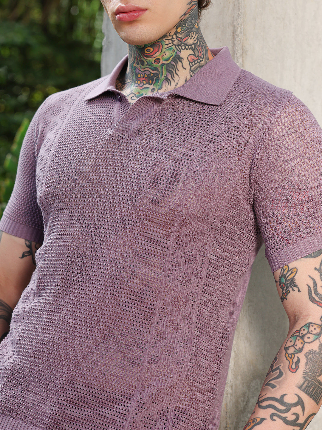 ₹899 | Men's Mauve Purple Spiral-Panel Open-Knit Polo T-Shirt