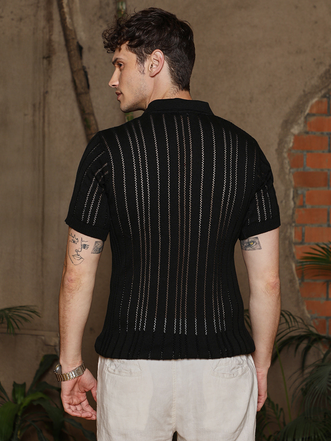 Stripe-Textured Polo T-Shirt