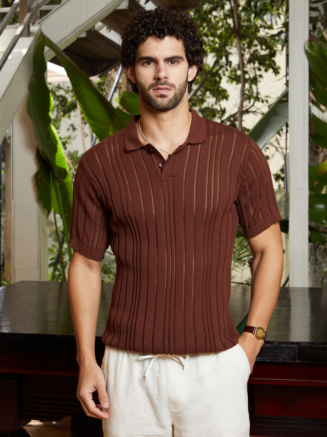 Stripe-Textured Polo T-Shirt