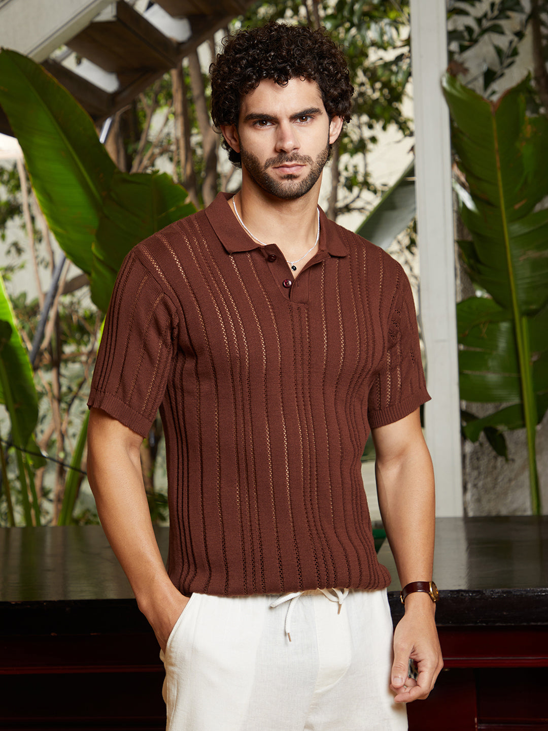 Stripe-Textured Polo T-Shirt