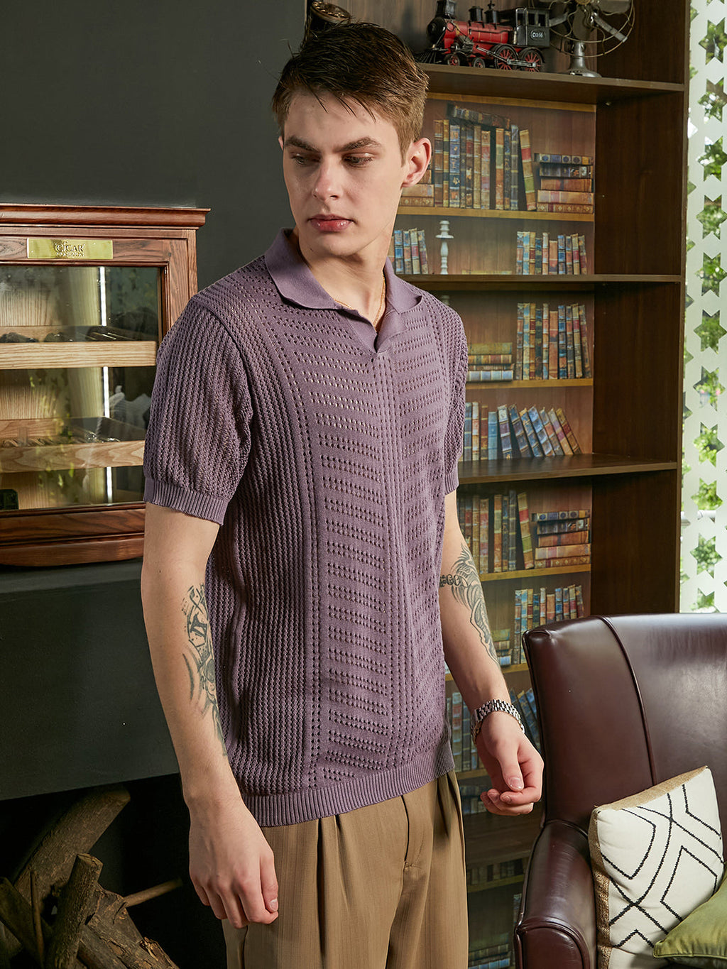 Stripe-Textured Polo T-Shirt