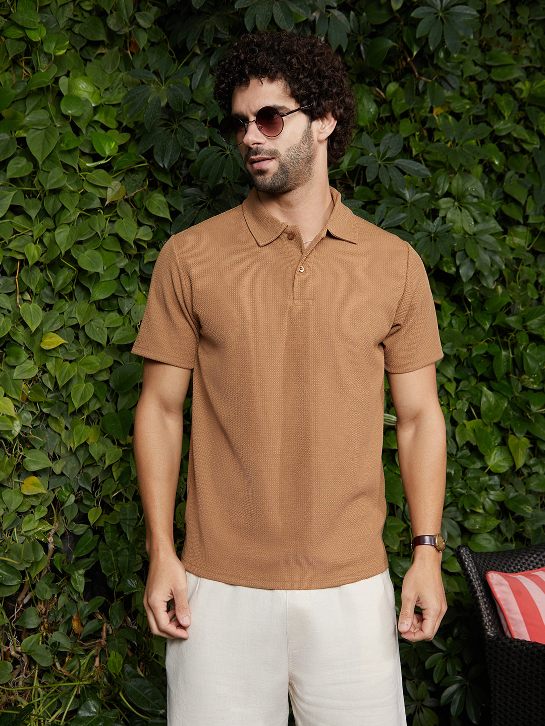 Chainlink-Ribbed Polo T-Shirt