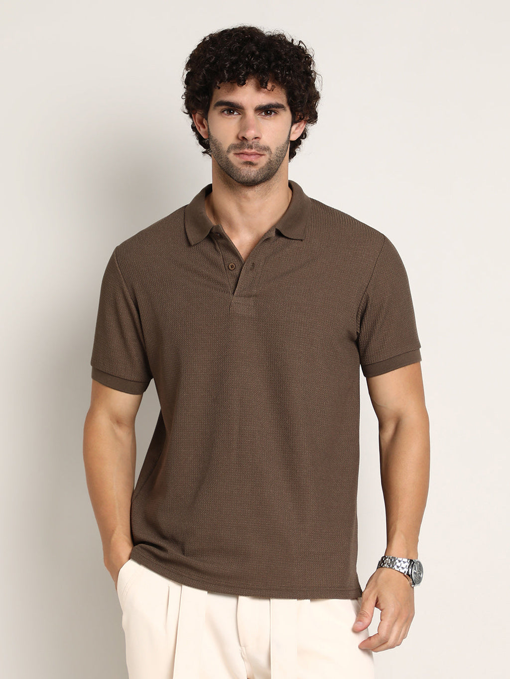 Chainlink-Ribbed Polo T-Shirt