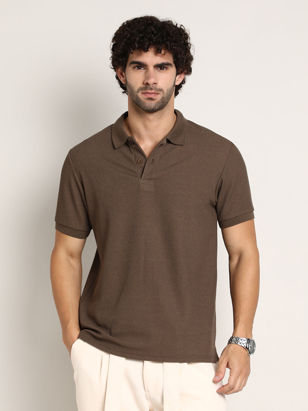 Chainlink-Ribbed Polo T-Shirt