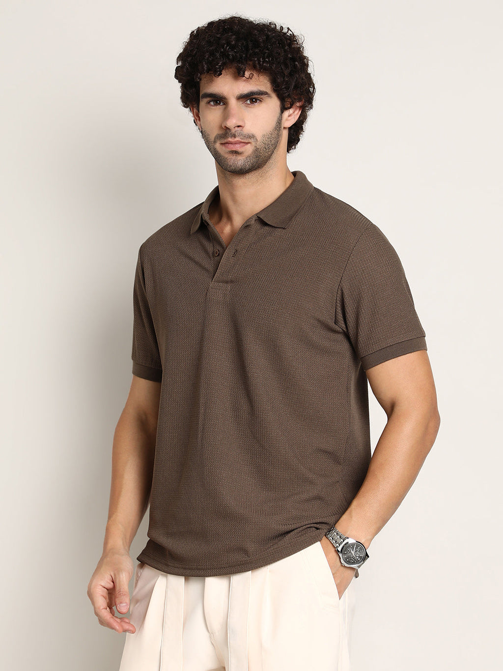 Chainlink-Ribbed Polo T-Shirt