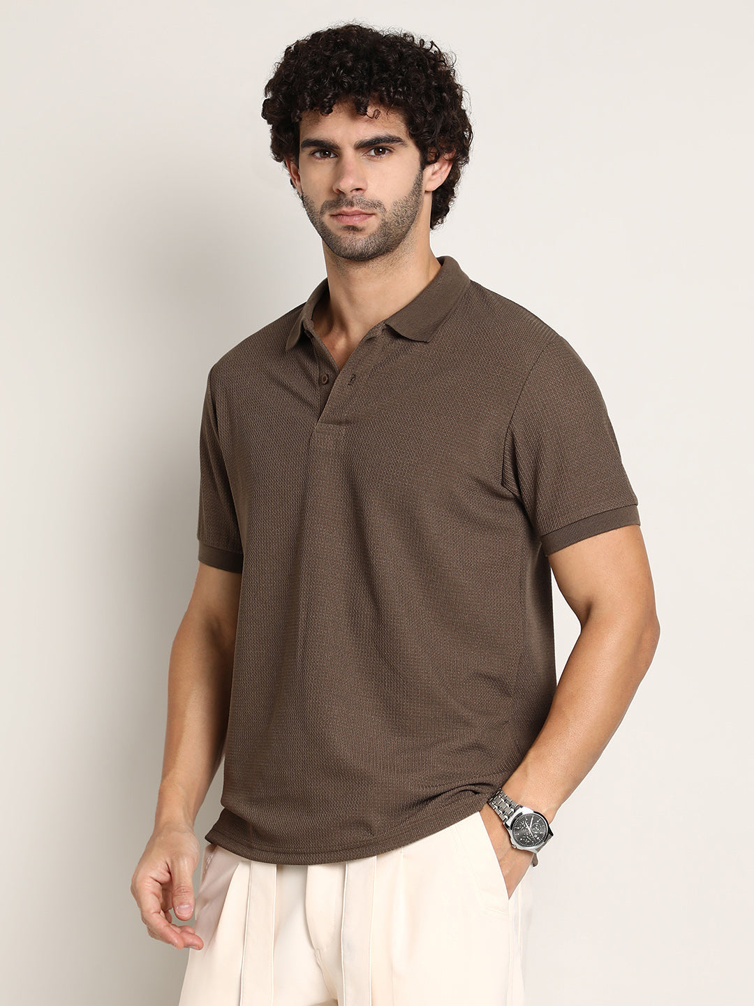 Chainlink-Ribbed Polo T-Shirt