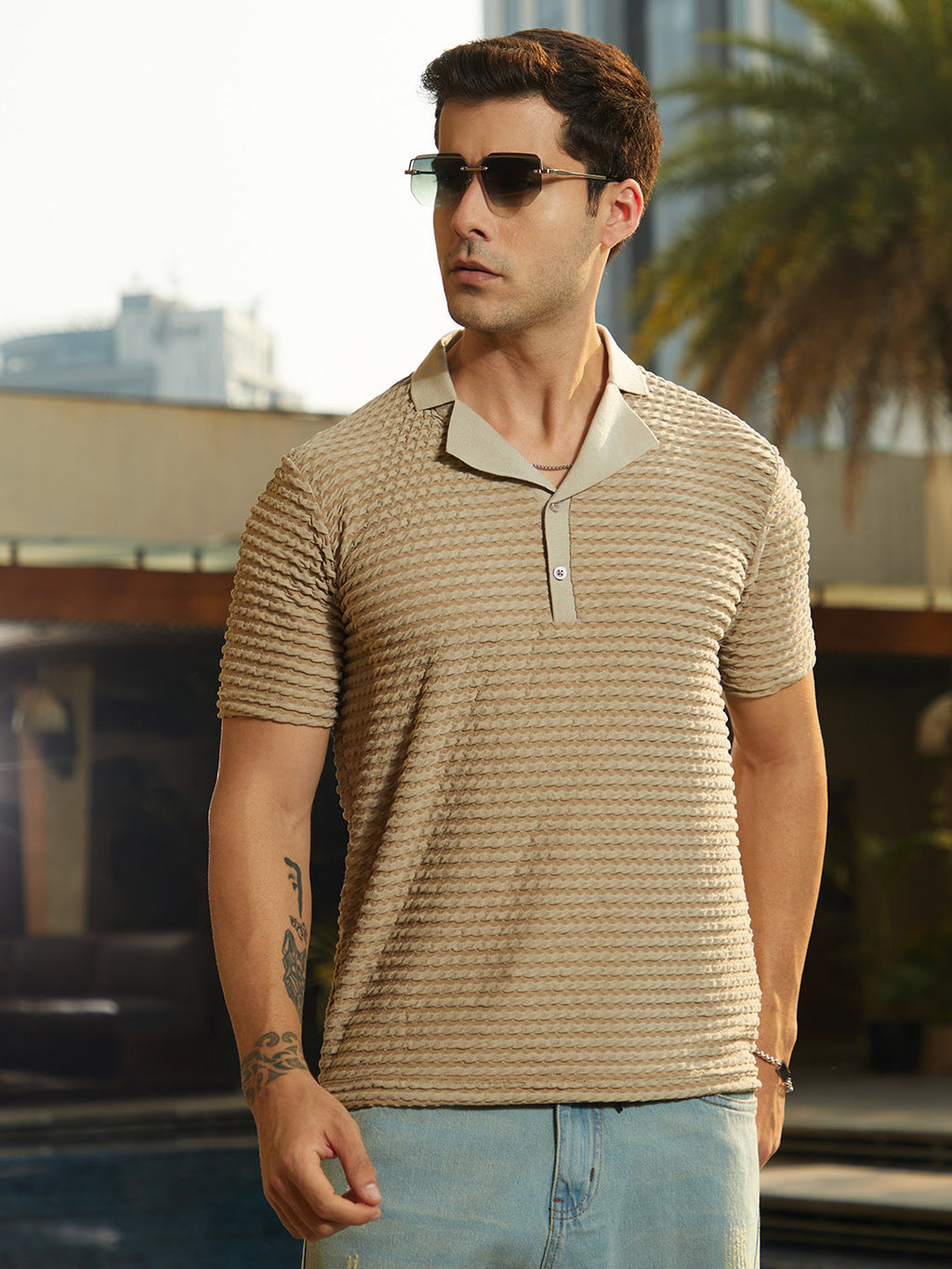 Crease-Tactile Cuban Polo T-Shirt
