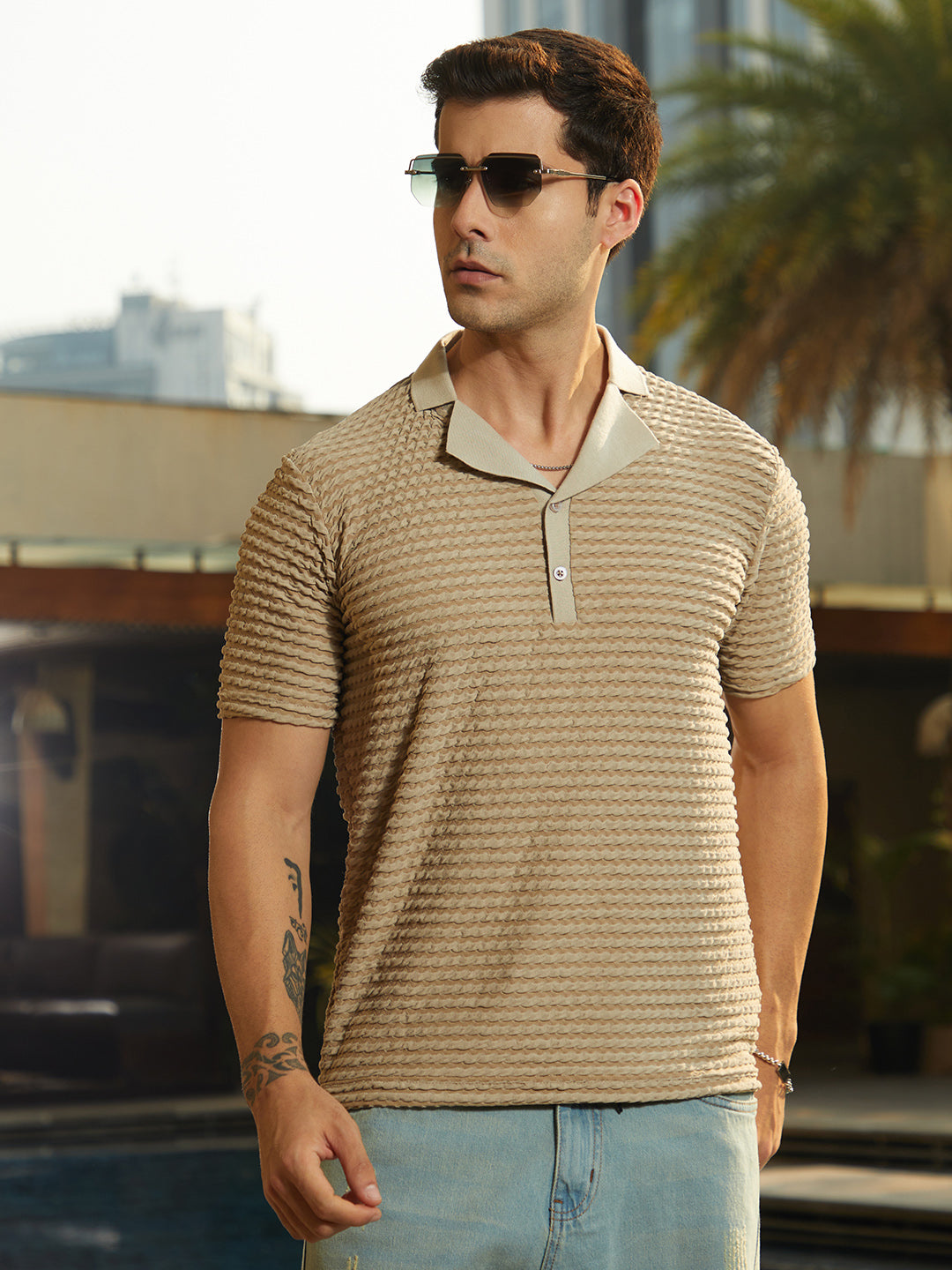 Crease-Tactile Cuban Polo T-Shirt