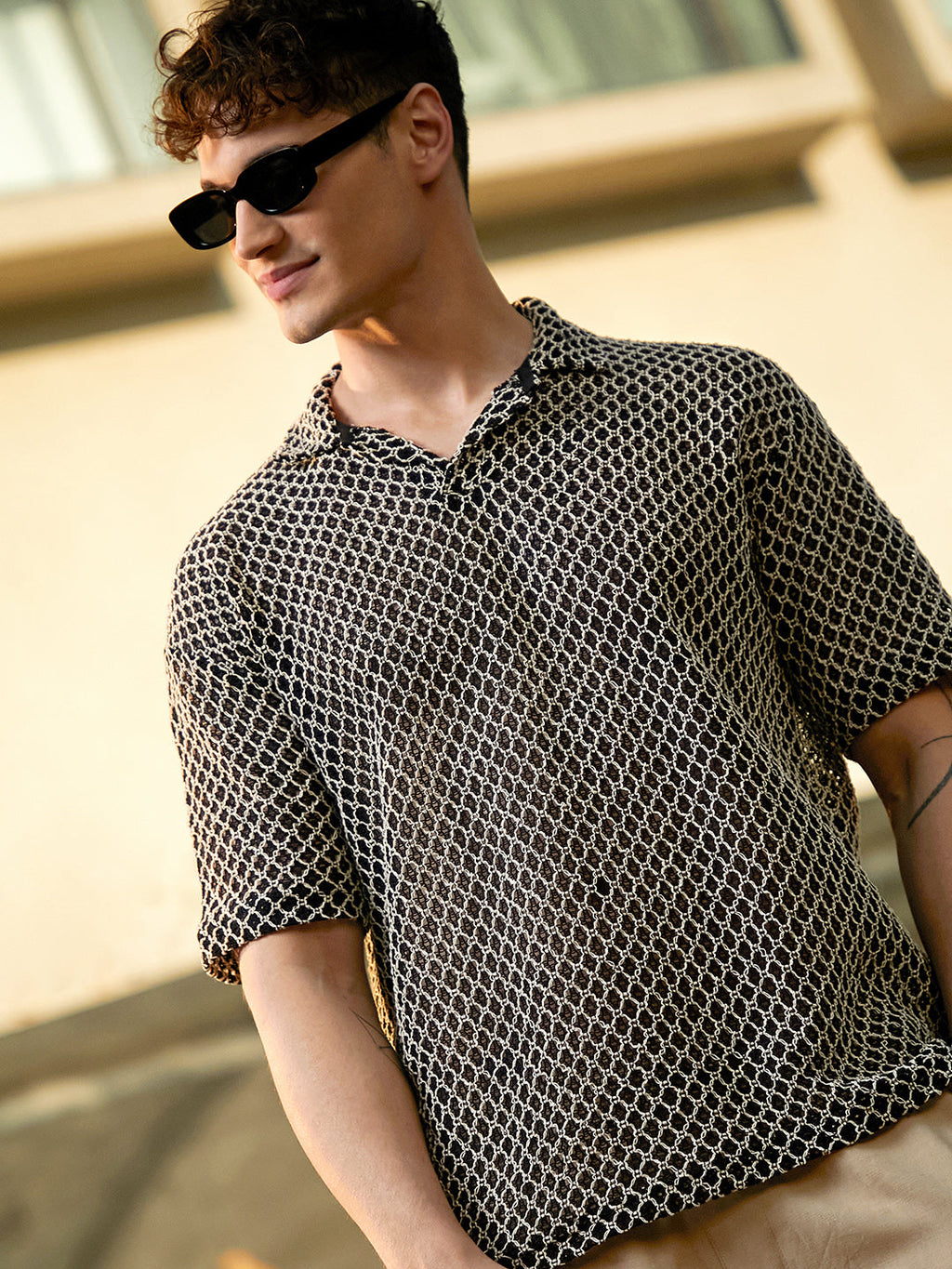 Mesh-Tactile Knit Polo T-Shirt