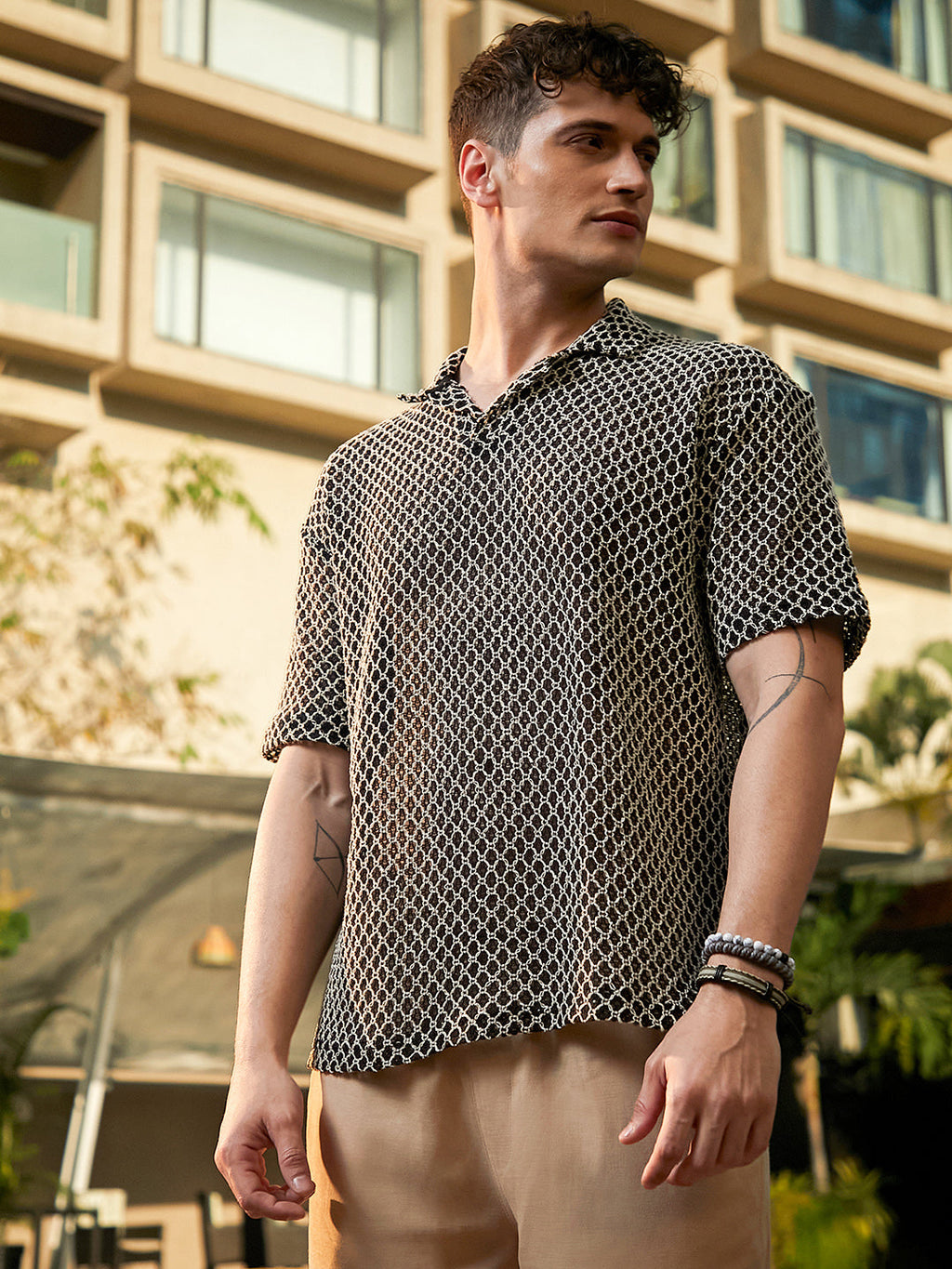 Mesh-Tactile Knit Polo T-Shirt