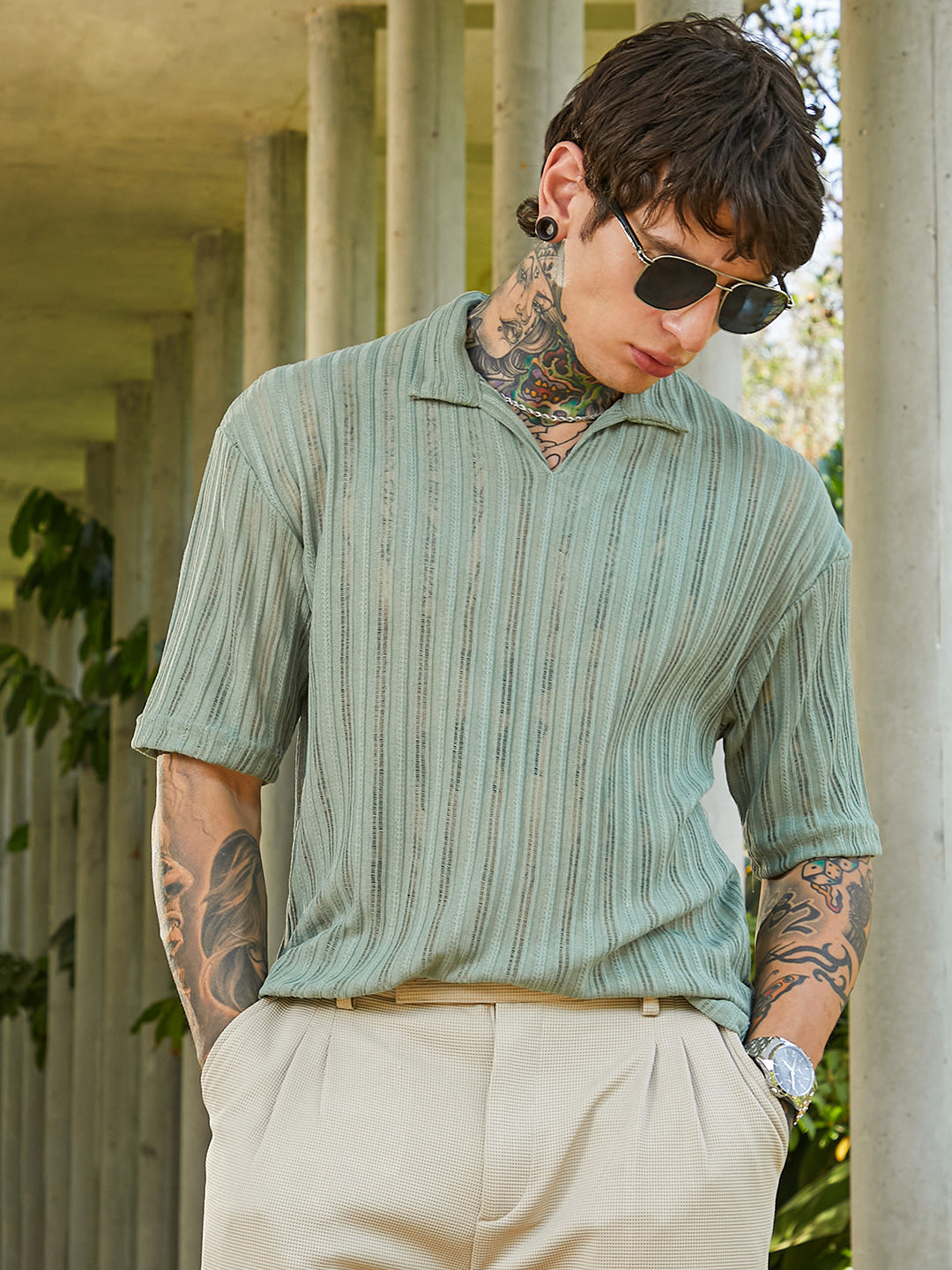 Duo-Striped Relaxed Polo T-Shirt