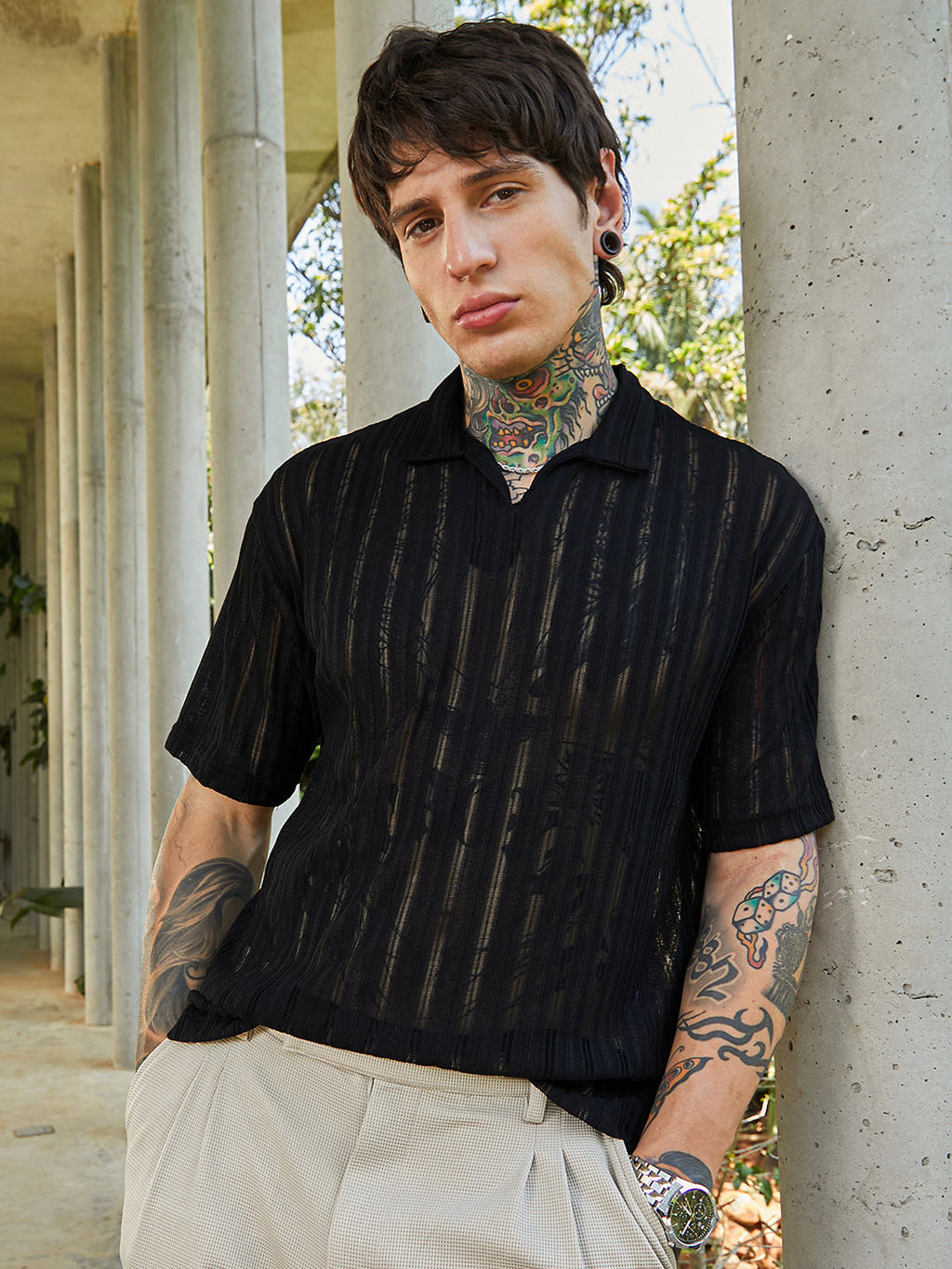 Duo-Striped Relaxed Polo T-Shirt