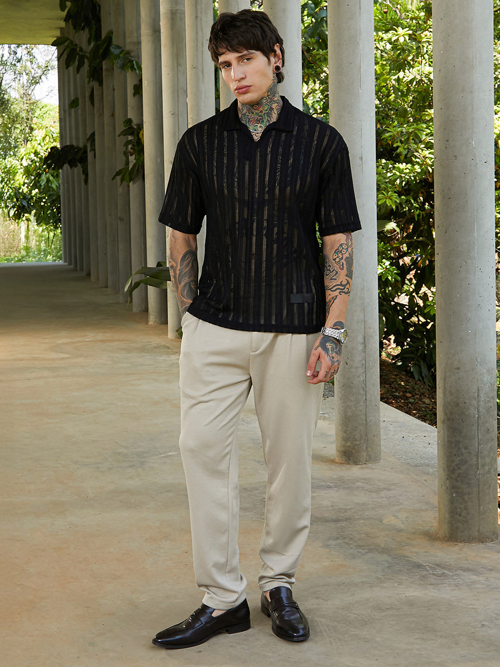 Duo-Striped Relaxed Polo T-Shirt