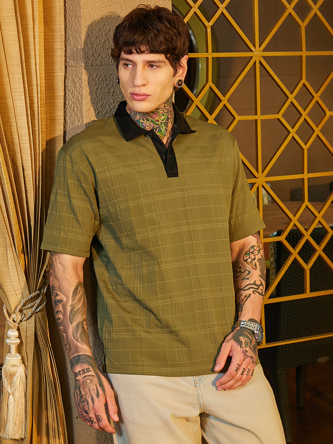 Contrast Grid Polo T-Shirt