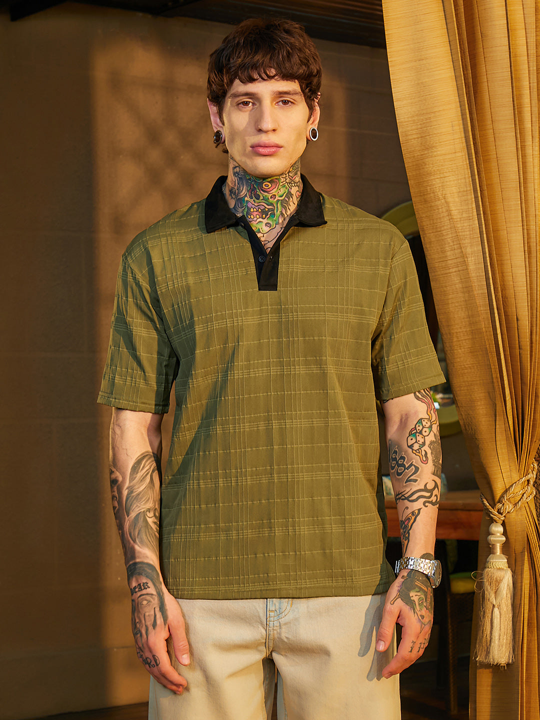 Contrast Grid Polo T-Shirt