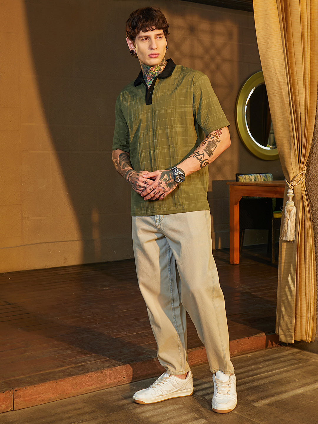 Contrast Grid Polo T-Shirt