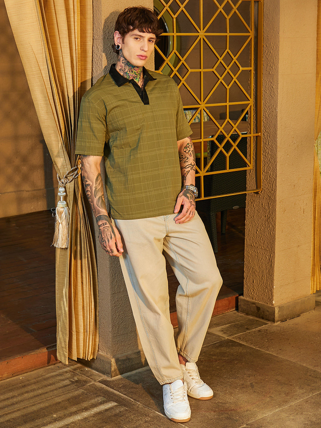 Contrast Grid Polo T-Shirt