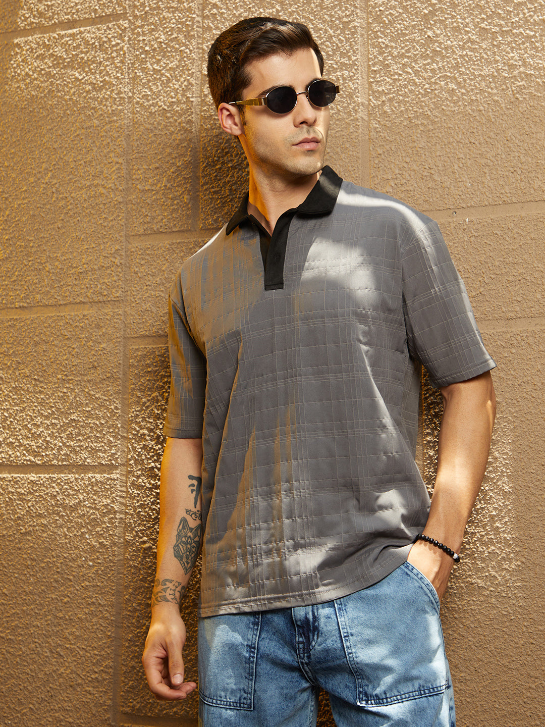 Contrast Grid Polo T-Shirt