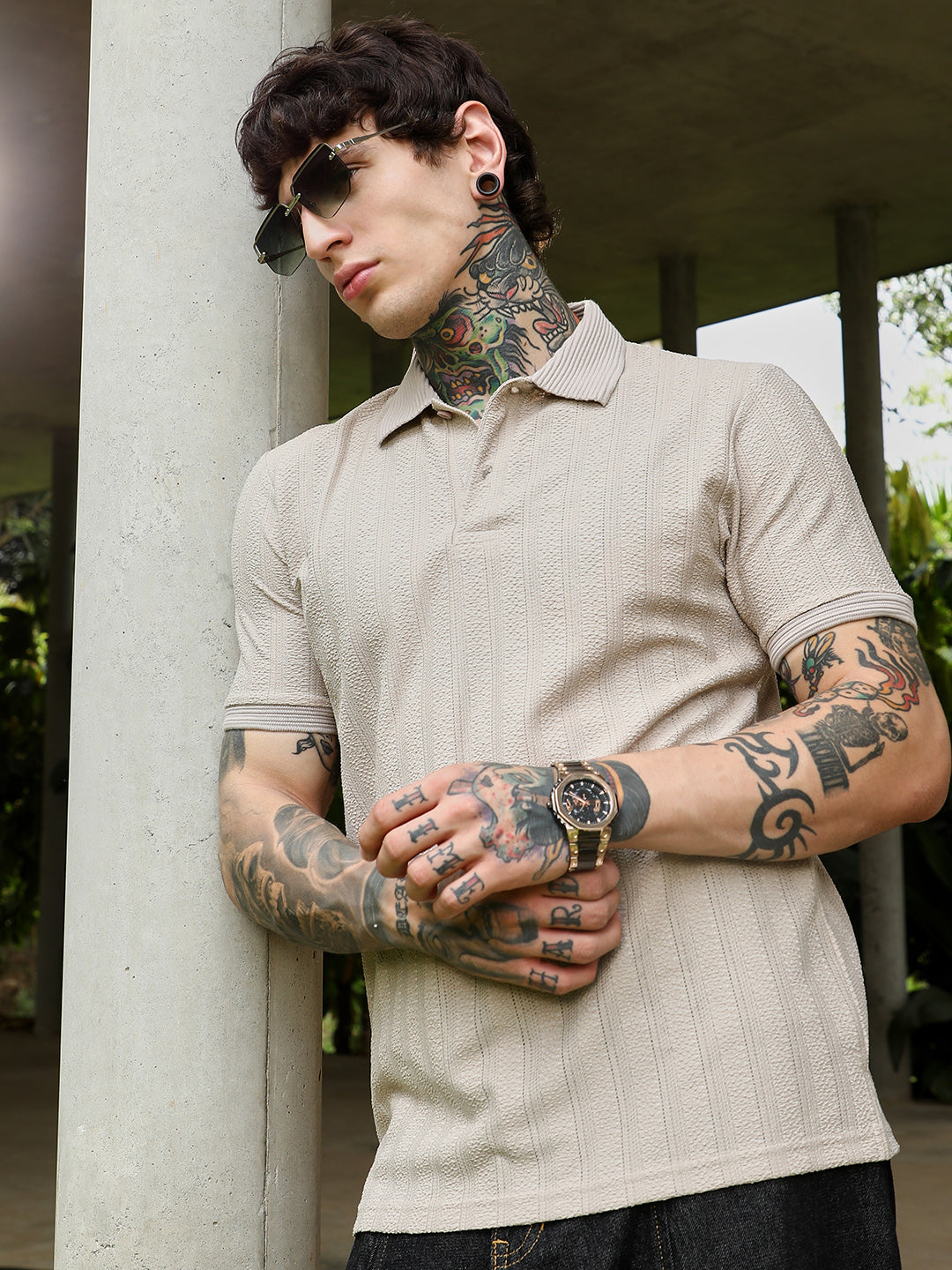 Texture-Lined Polo T-Shirt