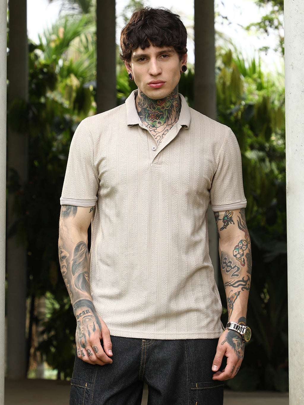 Texture-Lined Polo T-Shirt