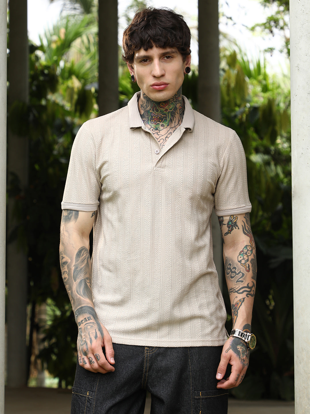 Texture-Lined Polo T-Shirt