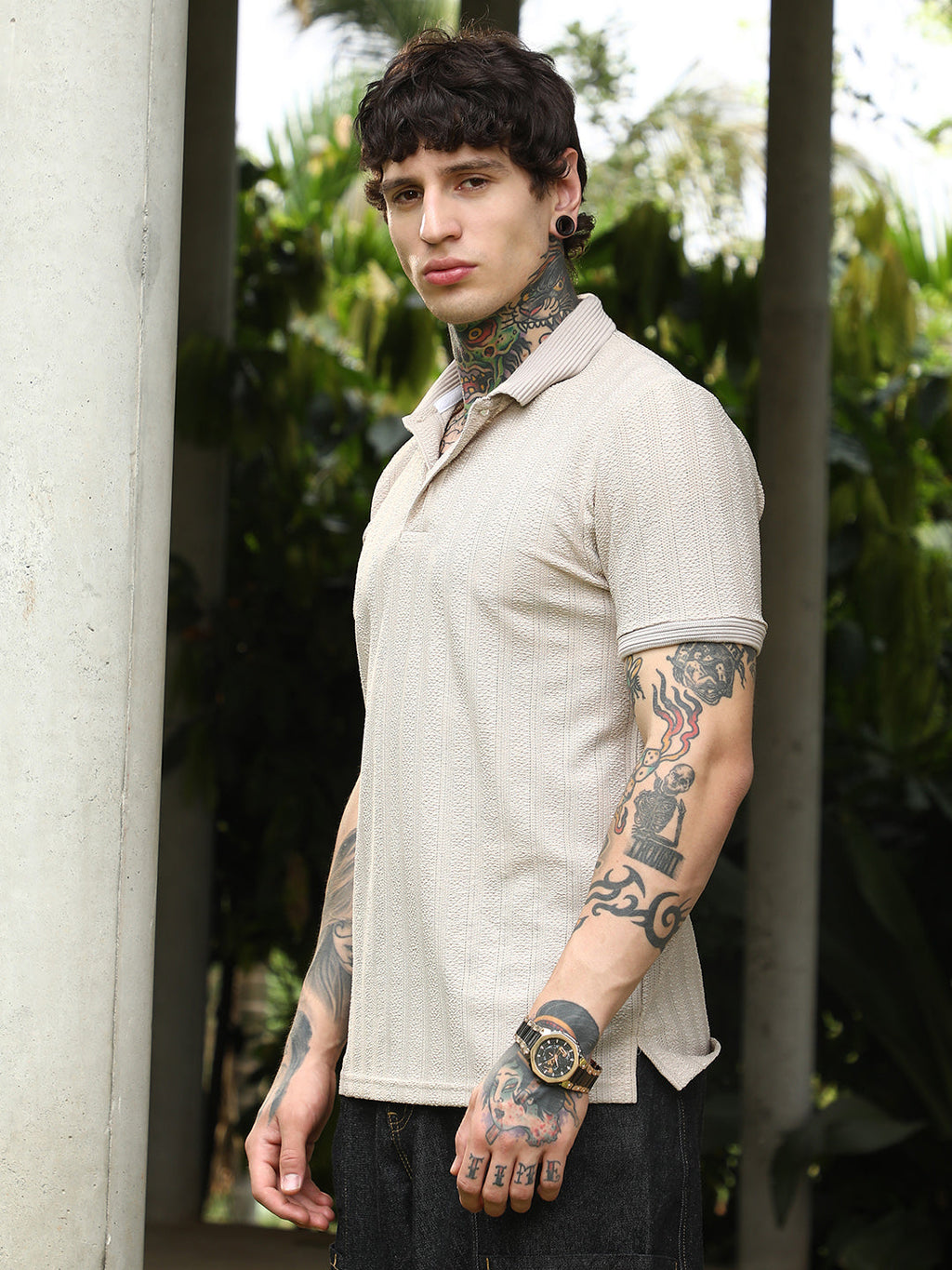 Texture-Lined Polo T-Shirt