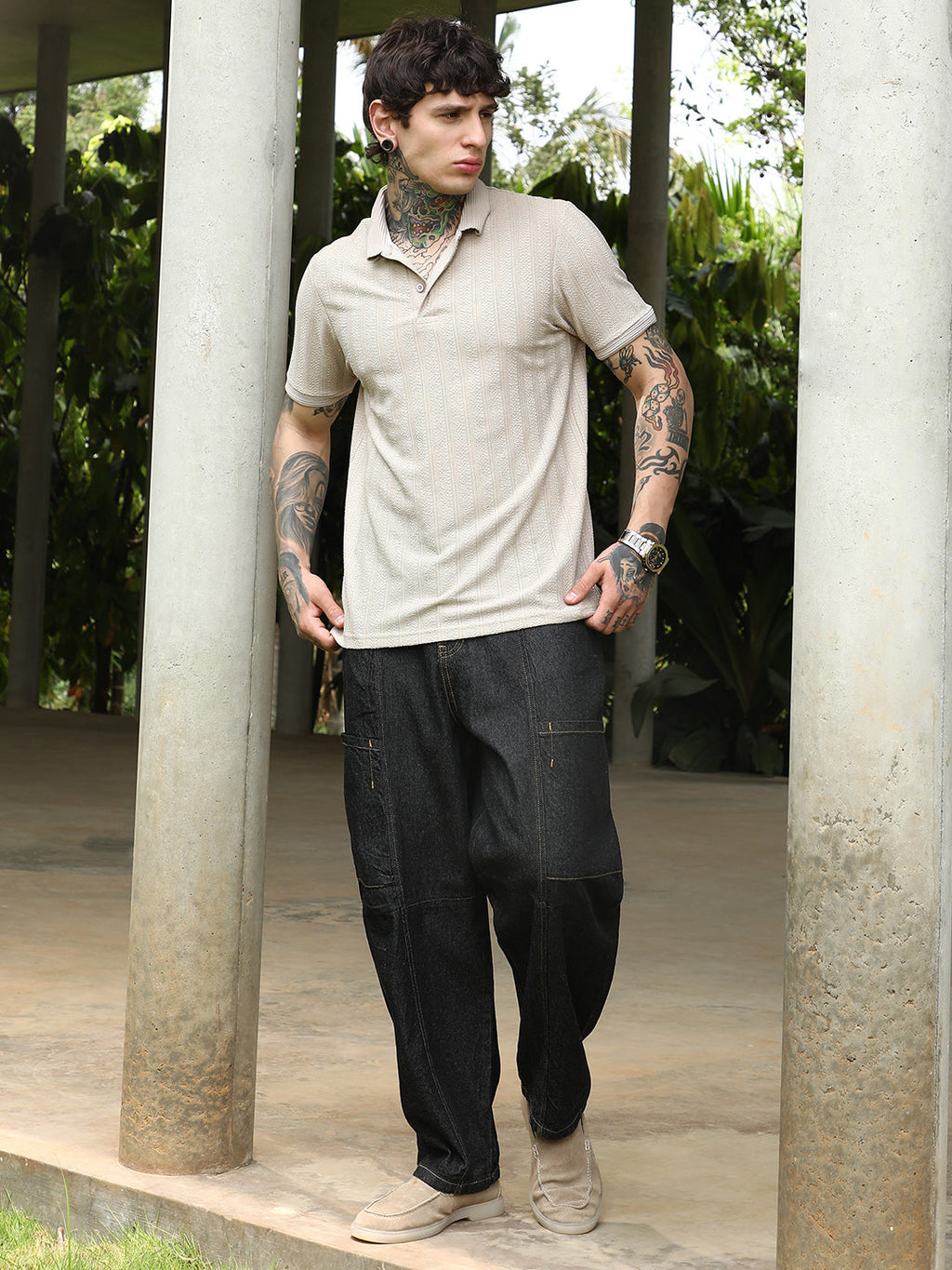 Texture-Lined Polo T-Shirt