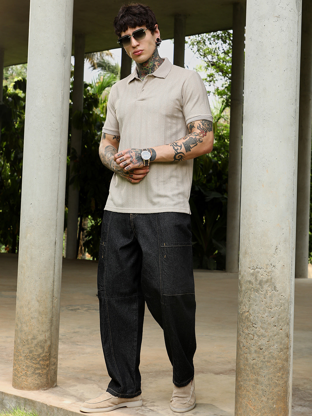 Texture-Lined Polo T-Shirt