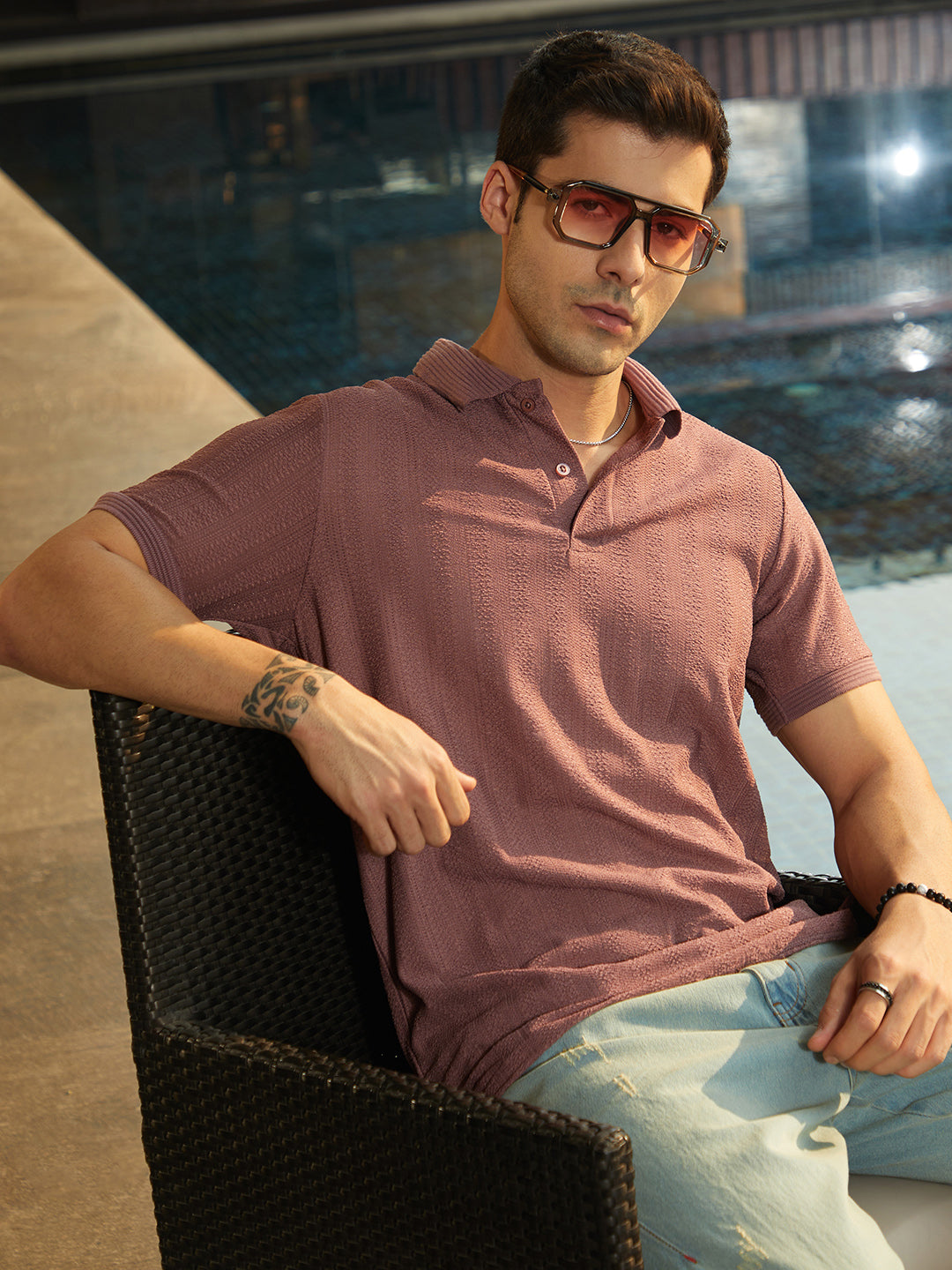 ₹899 | Campus Sutra Mens's Grape Purple Texture-Lined Polo T