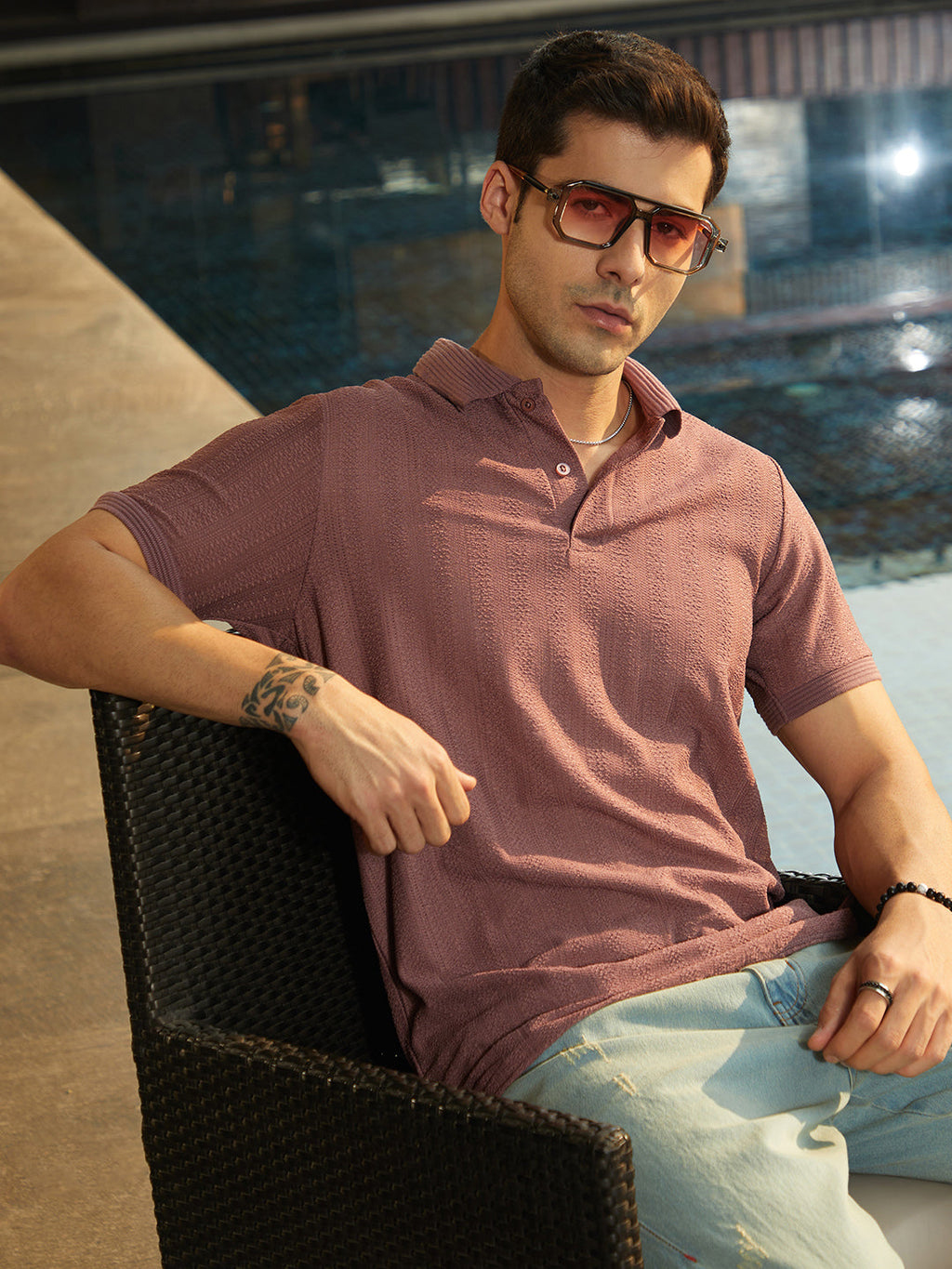 Texture-Lined Polo T-Shirt