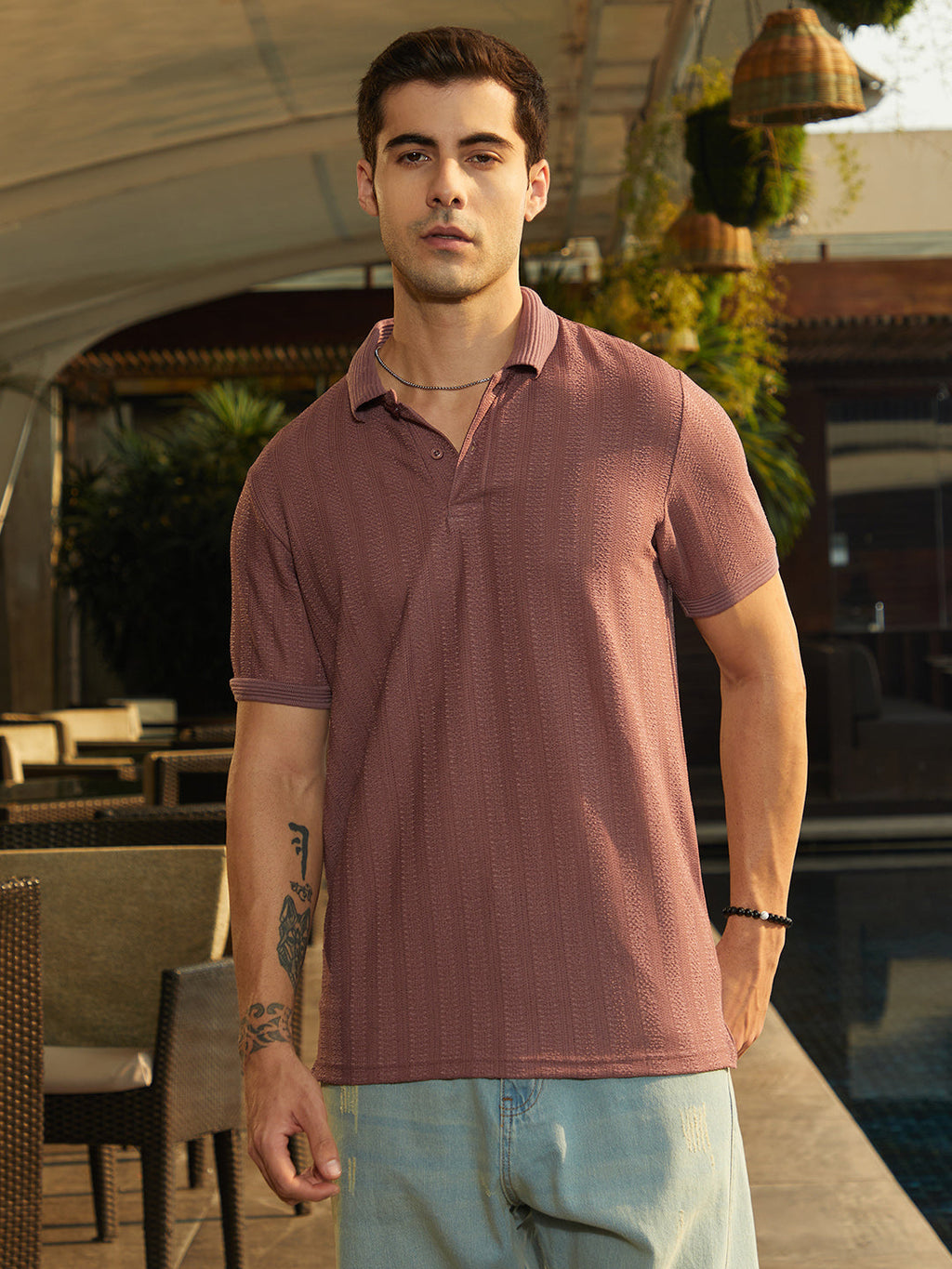 Texture-Lined Polo T-Shirt