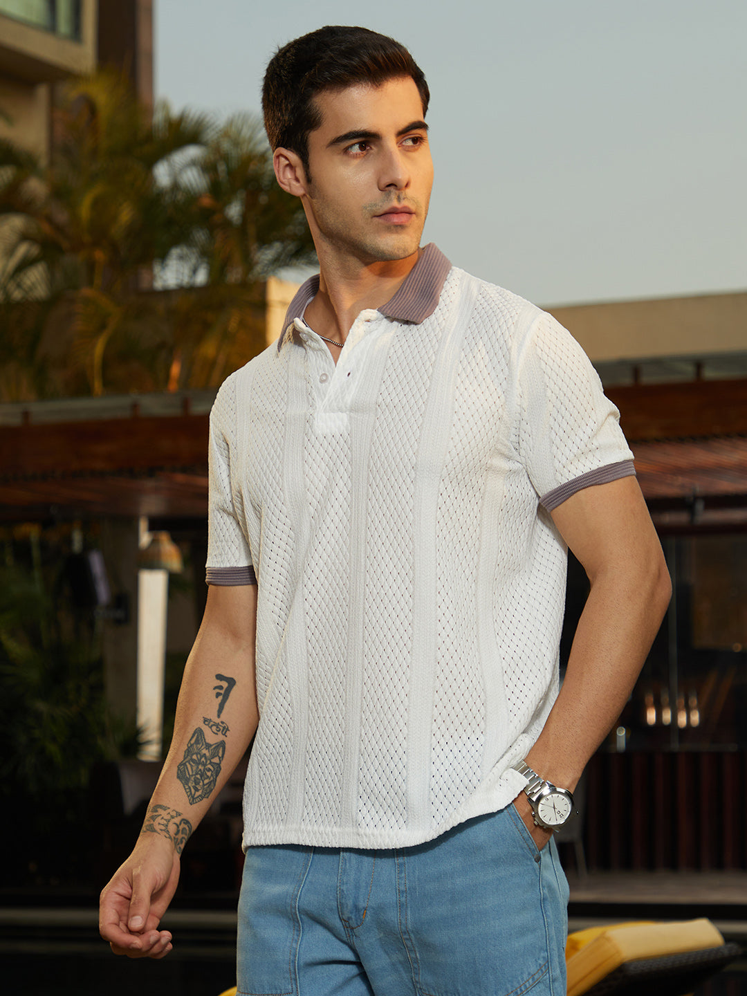 Contrast Open-Knit Polo T-Shirt