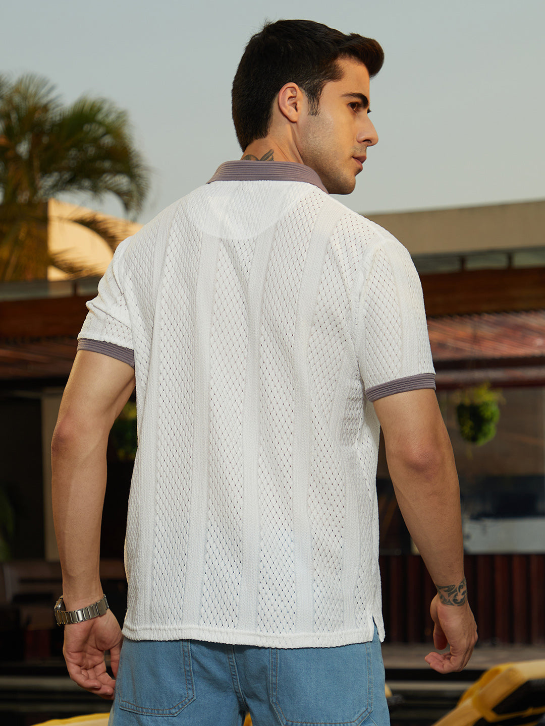 Contrast Open-Knit Polo T-Shirt