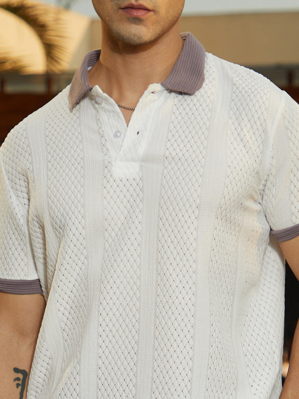 Contrast Open-Knit Polo T-Shirt