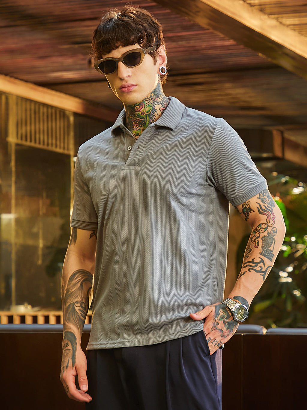 Ribbed -Tactile Polo T-Shirt
