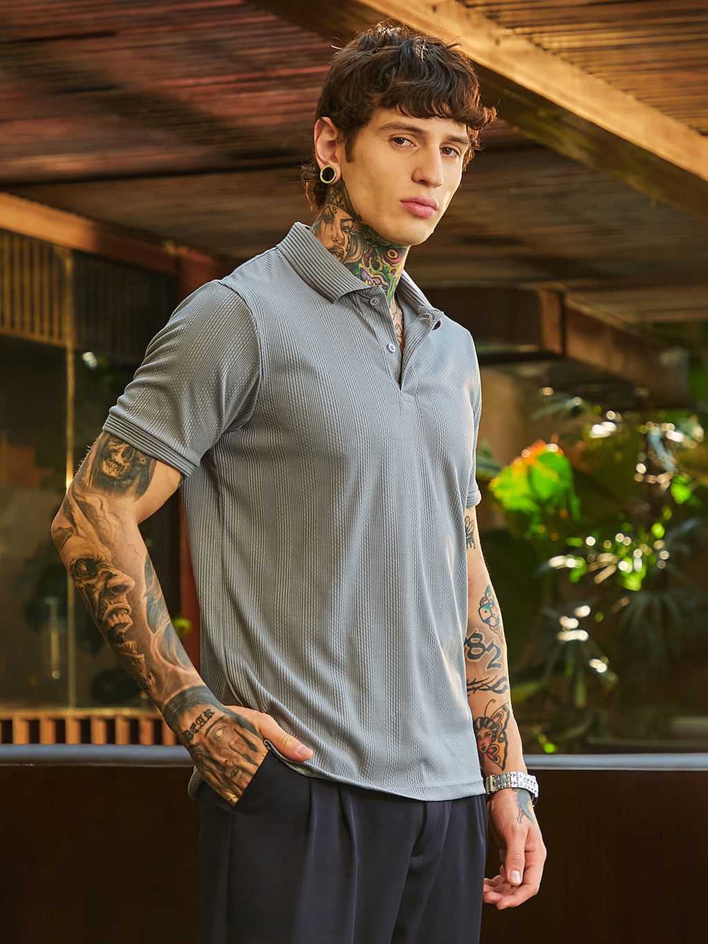 Ribbed -Tactile Polo T-Shirt