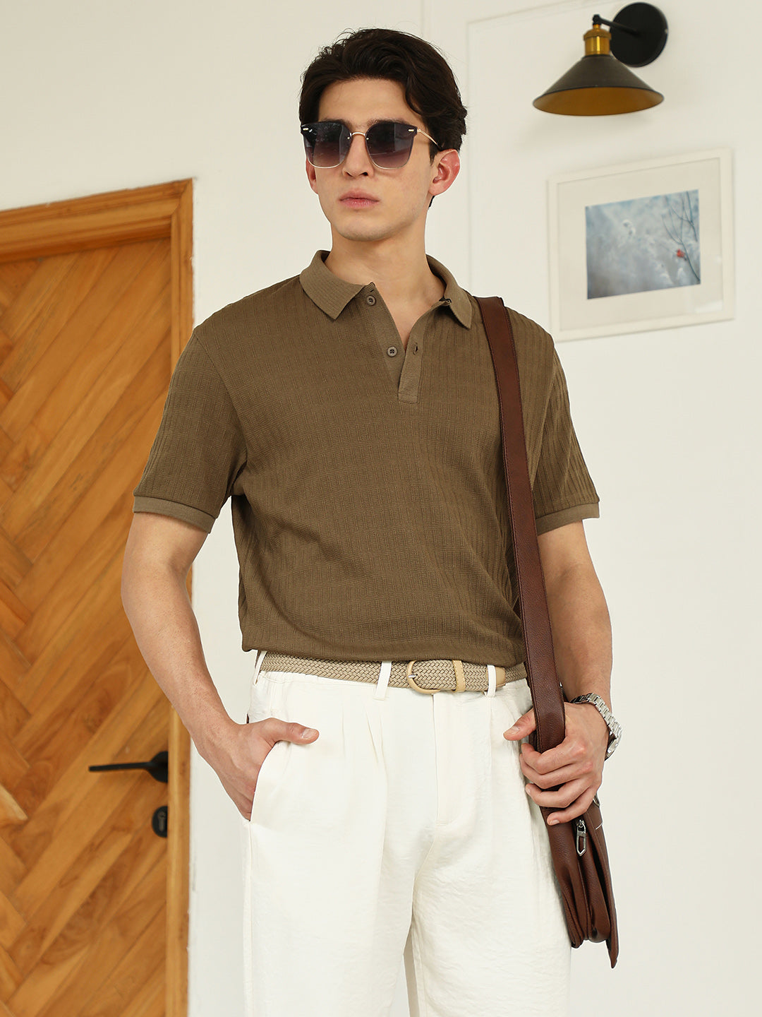 Brown Textured Polo T-shirt - Poly Spandex Blend